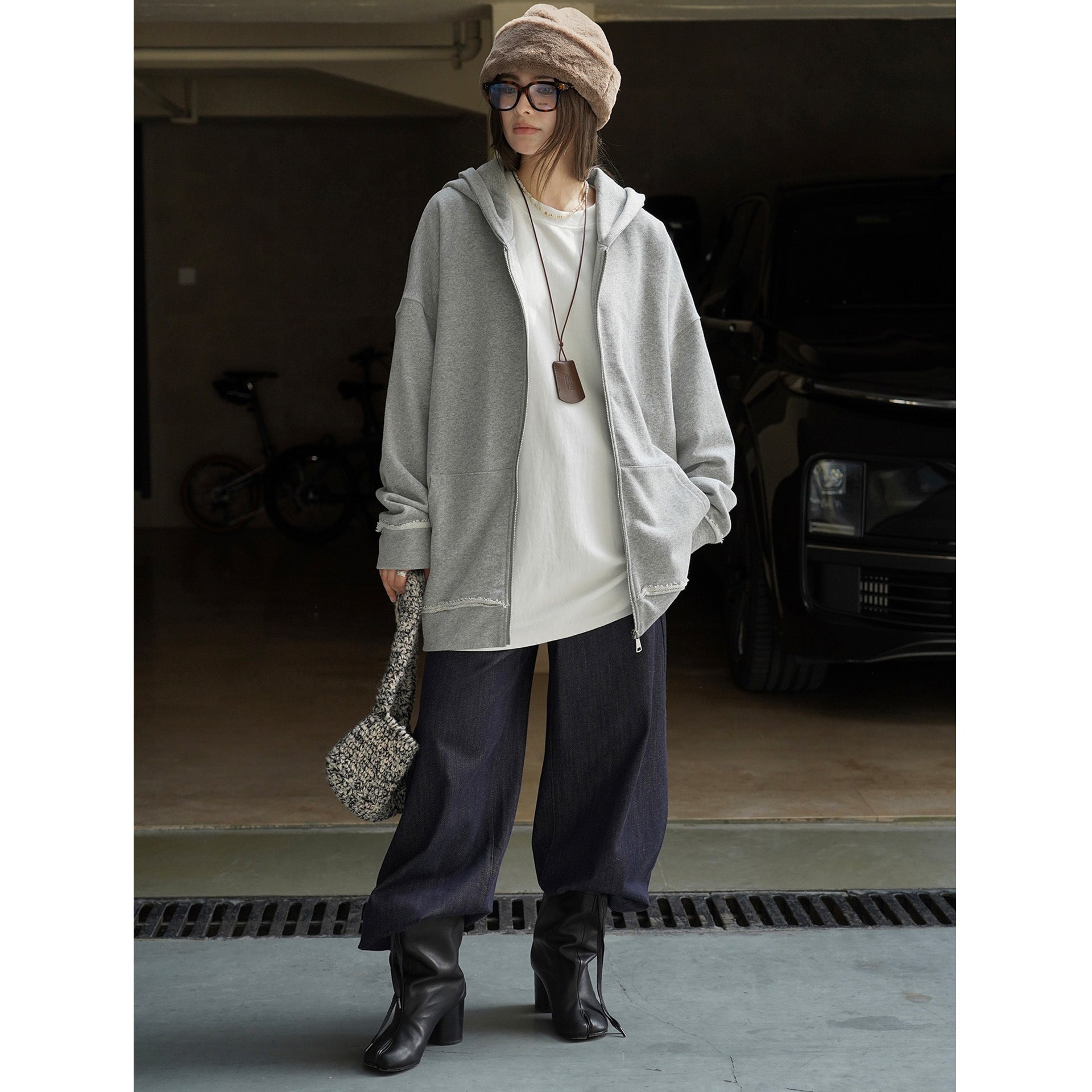 Women's Relaxed Zip Hoodie in Used Look with Frayed Edges Chichicherry