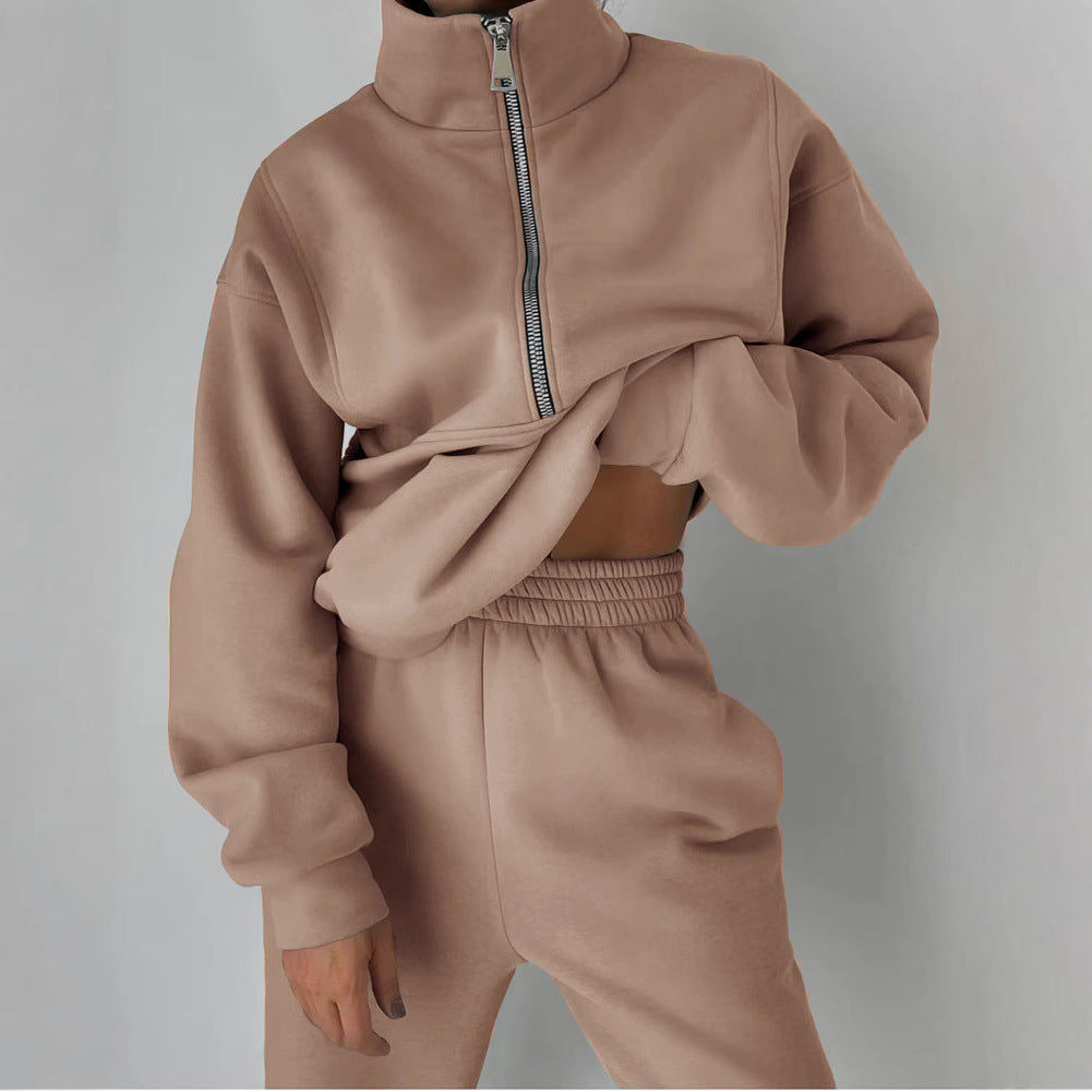 Damen Oversized Halbzip-Sweatshirt mit Stehkragen und passender High-Waist-Jogginghose Chichicherry