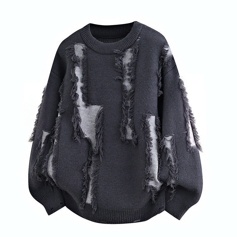 Men's Oversized Knit Sweater with Fringe Applications and Balloon Sleeves Chichicherry