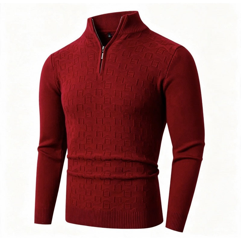 Men's Slim-Fit Fine Knit Half-Zip Sweater with Stand Collar and Geometric Relief Chichicherry