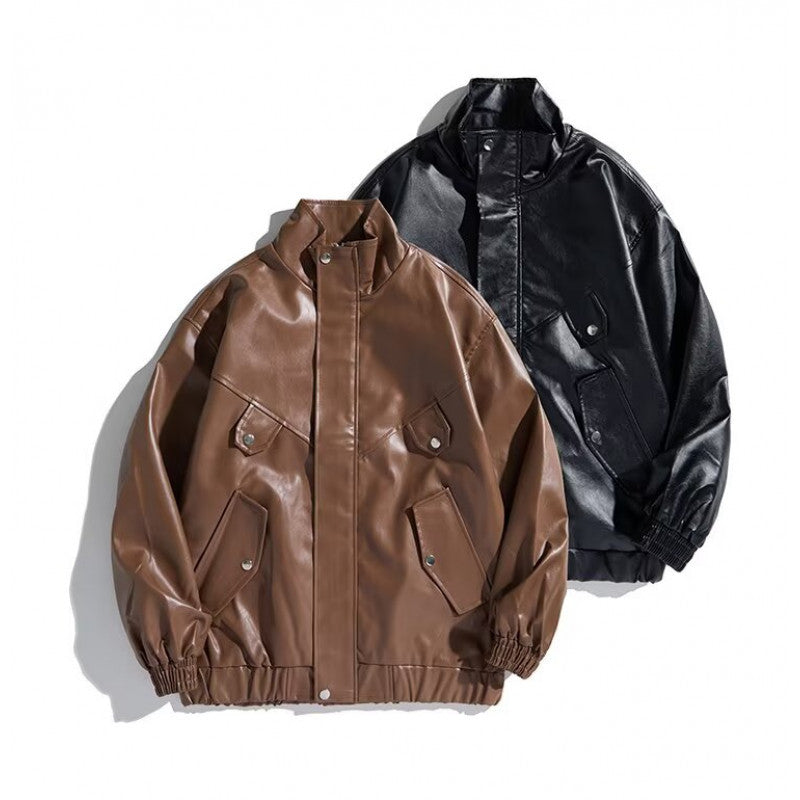 Men's Oversized Faux Leather Bomber Jacket with Stand Collar, Flap Pockets and Elastic Hem Chichicherry