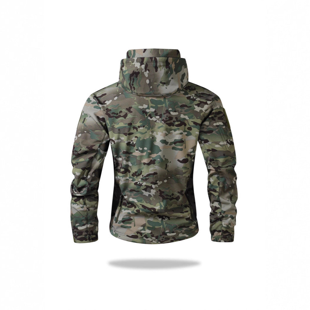 Men's Tactical Softshell Jacket with Hood, Camouflage Print and Multifunctional Pockets Chichicherry