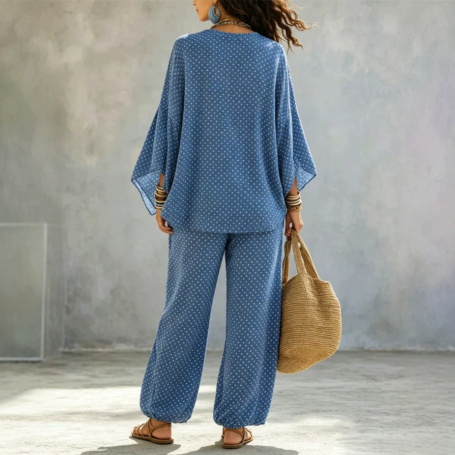 Women's linen look two-piece set with V tunic, batwing sleeves, and wide harem pants Chichicherry