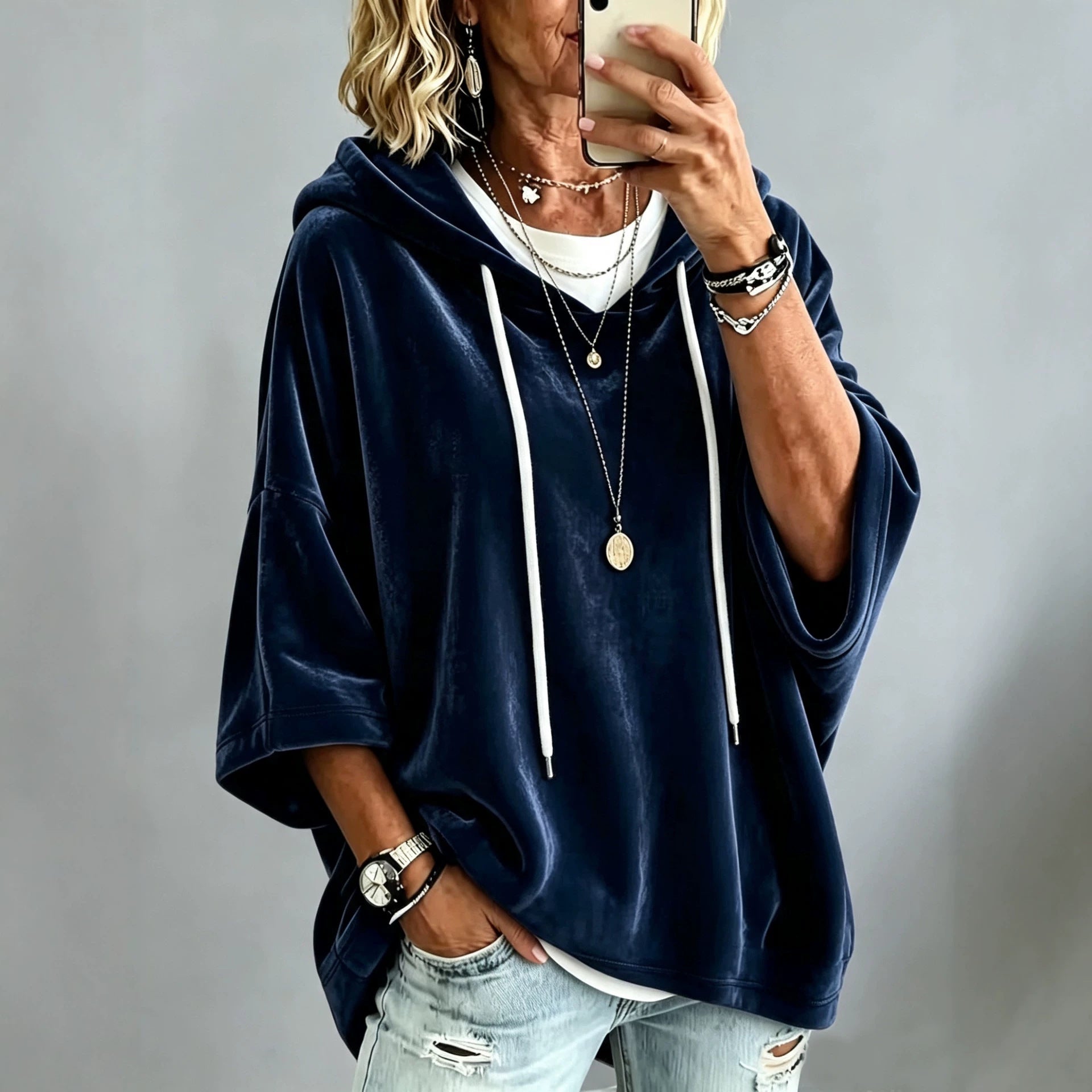 Women's Short Sleeved Oversized Velvet Hoodie with Drawstring Chichicherry