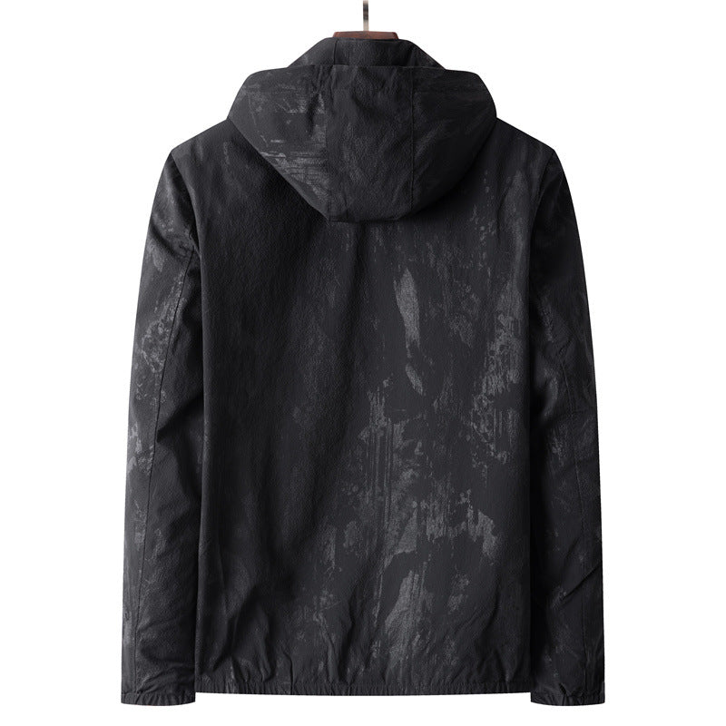 Men's Lightweight Water-Repellent Hooded Jacket with Subtle Camouflage Pattern and Zipper Pockets Chichicherry