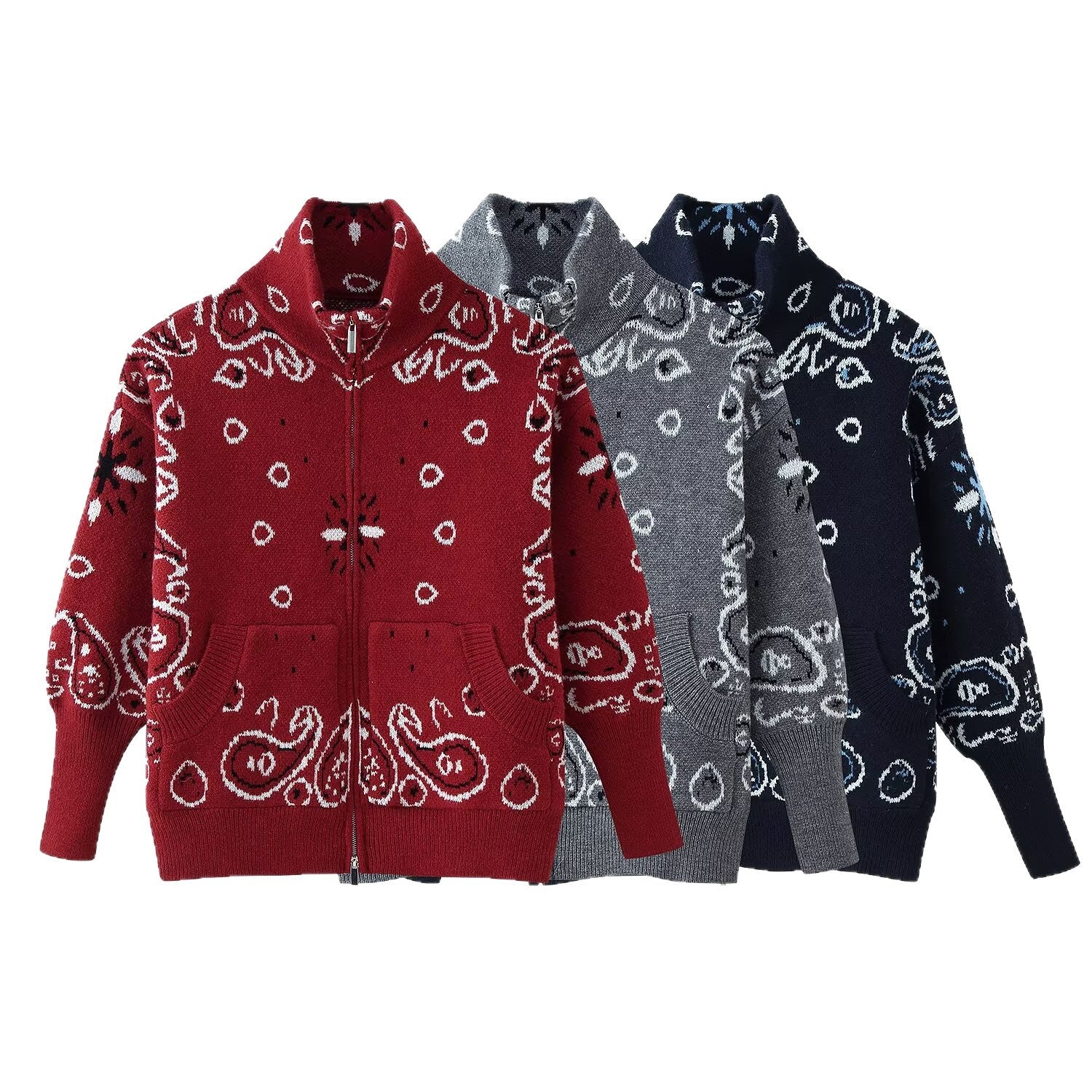 Women's chunky knit zip cardigan with stand-up collar and paisley jacquard Chichicherry