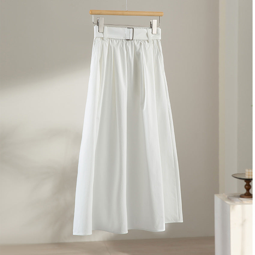 Women's Mid-length A-line Skirt with High Waist, Pleats and Waist Belt Chichicherry