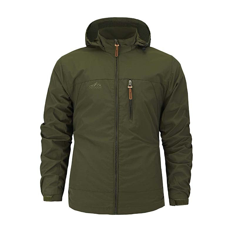 Men's Multifunctional Softshell Outdoor Jacket with Hood, Chest Zipper, and Breathable Lining Chichicherry
