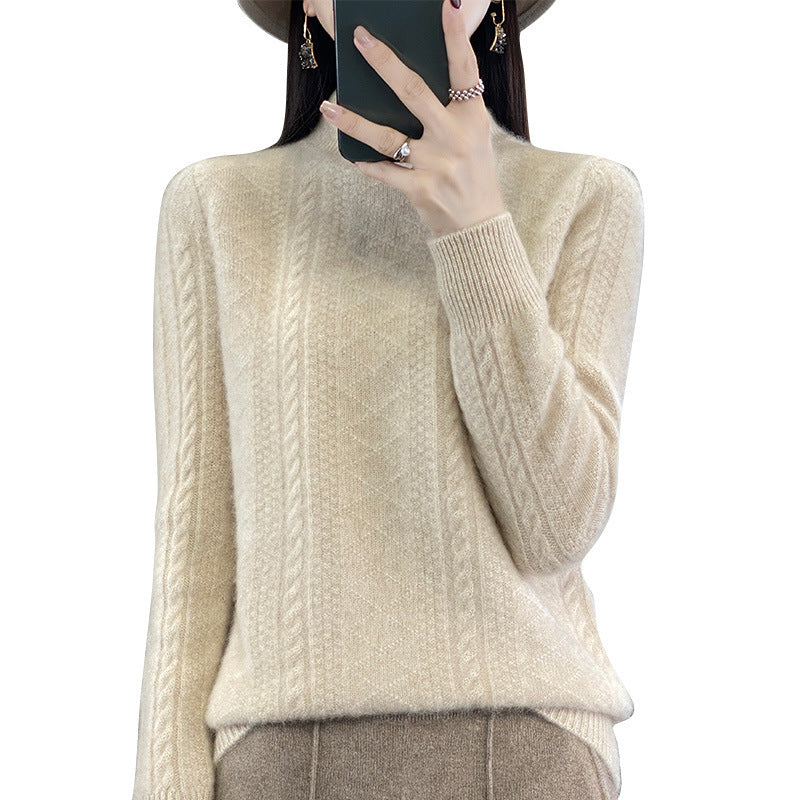 Women's Soft Cable Knit Mock Neck Sweater with Light Mohair Effect Chichicherry