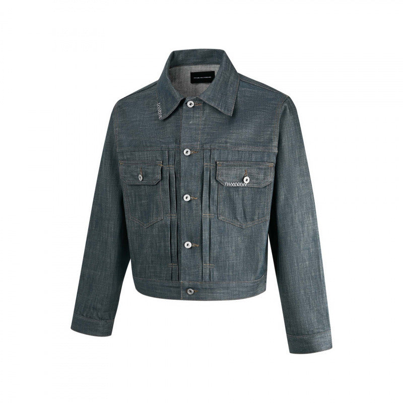Men's cropped denim jacket with vertical seams, patch pockets, and boxy silhouette Chichicherry