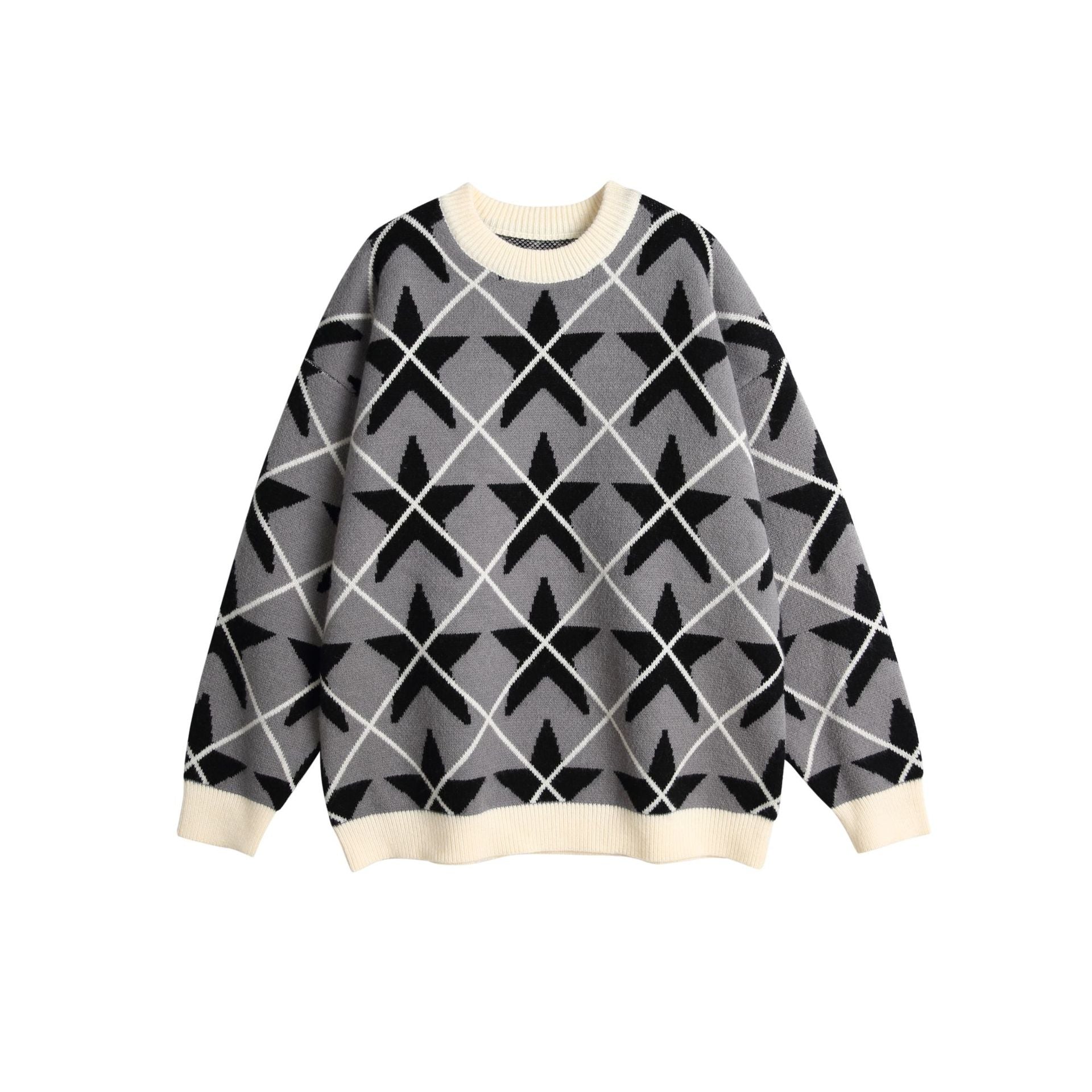 Unisex Chunky Knit Crew Neck Sweater with Star Jacquard Chichicherry