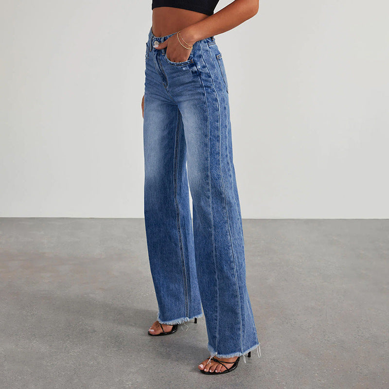 Women High-Waist Flared Jeans with Wide Leg and Frayed Hem Chichicherry