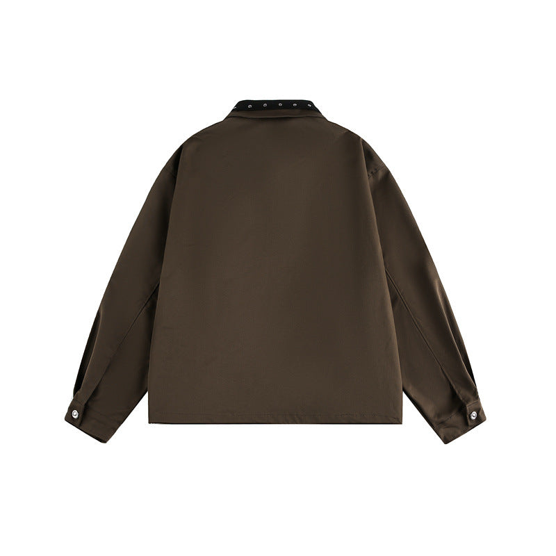 Unisex Boxy Blouson Jacket with Stud Decoration at the Buckle Collar and Concealed Zipper Chichicherry