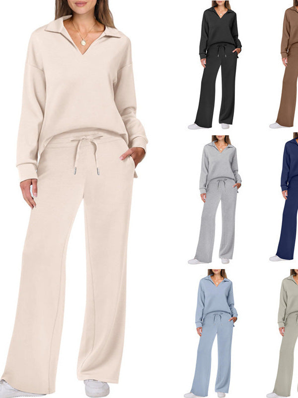Women's Two-Piece Lounge Set with Polo Collar and V-Neck as well as Wide Drawstring Pants Chichicherry