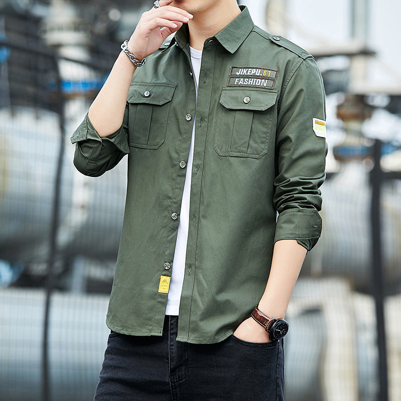 Men's overshirt in military utility style with shoulder epaulettes, chest flaps, and lightweight cotton blend Chichicherry