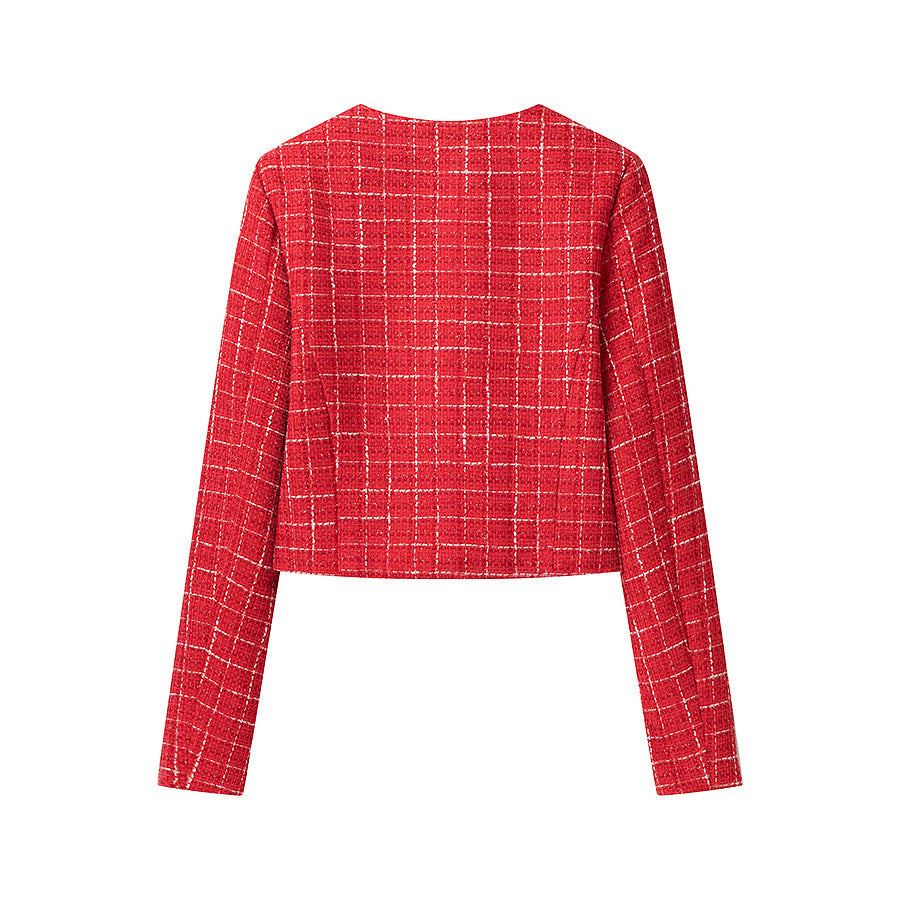 Women's Short-Cut Boucle Tweed Blazer with Round Neck, Decorative Buttons and Patch Pockets Chichicherry
