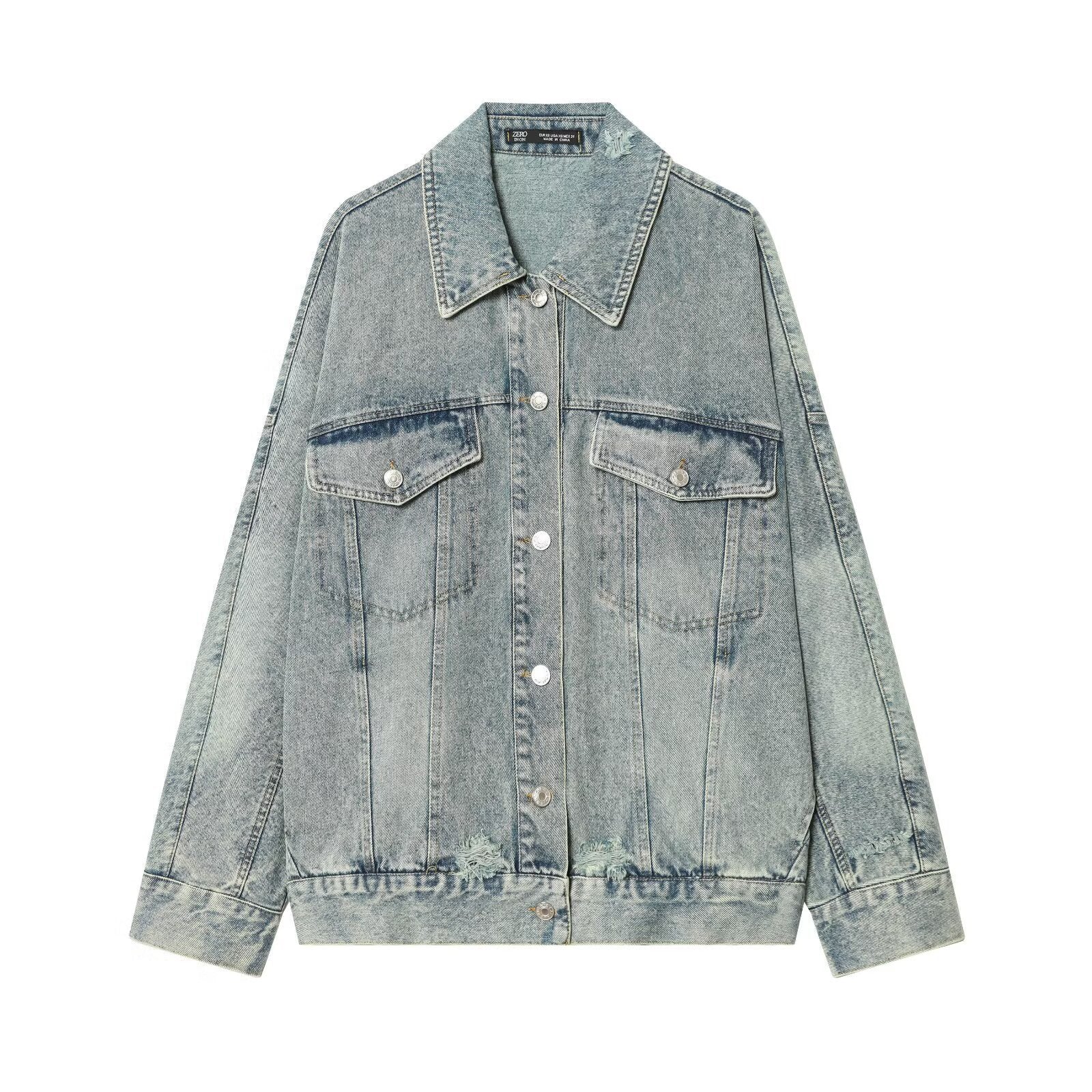 Women's Oversized Denim Jacket in Vintage Washed Look with Chest Flap Pockets Chichicherry