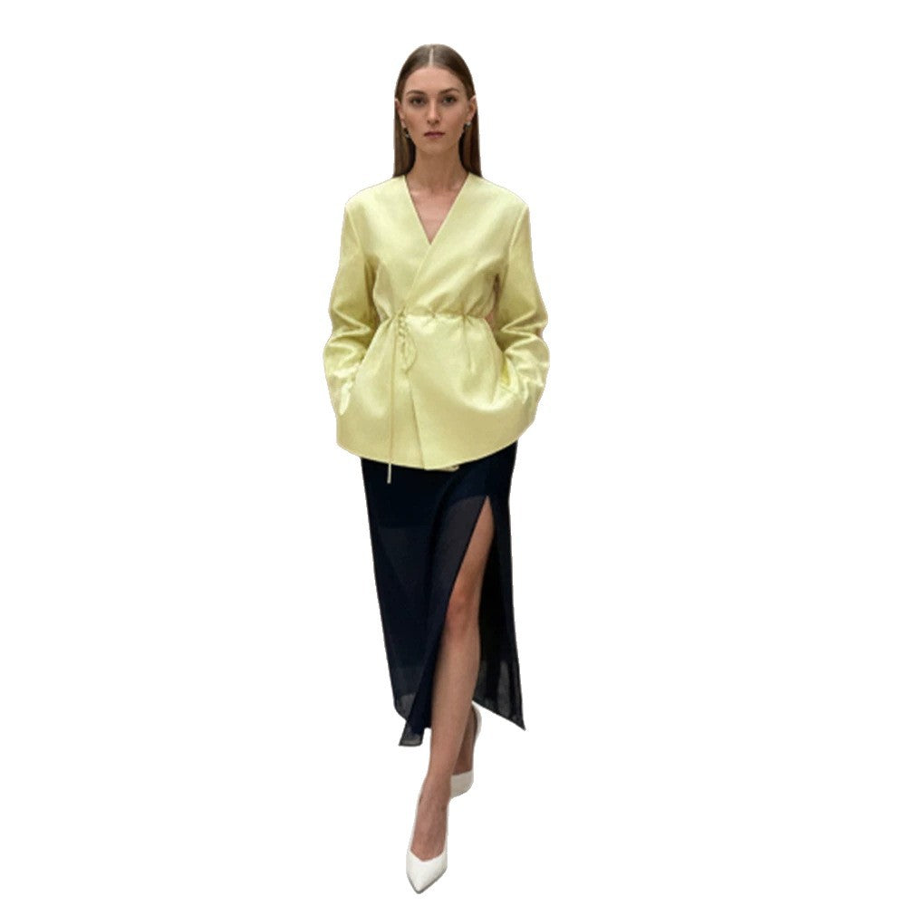 Women's wrap blazer with drawstring and wide culotte pants two-piece Chichicherry