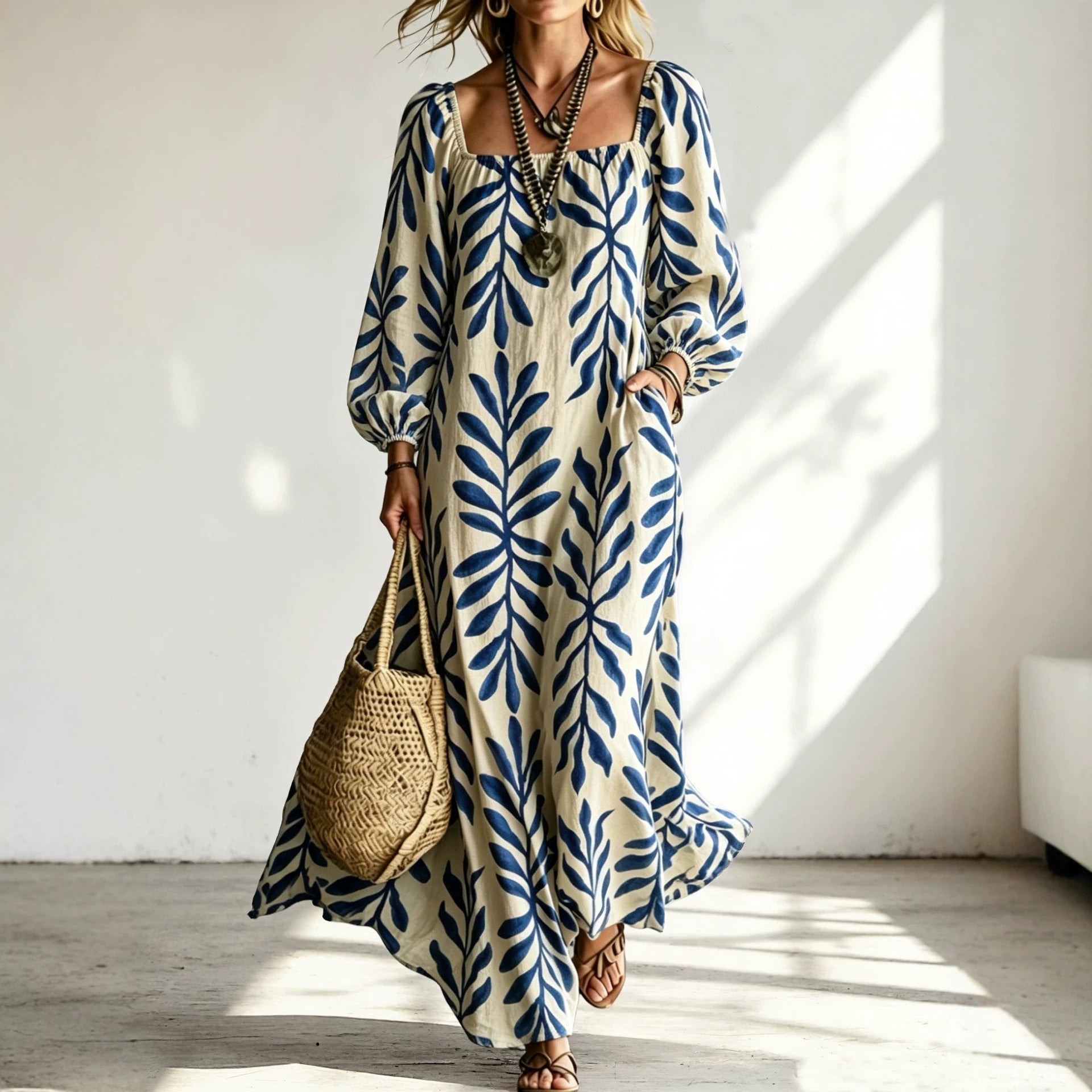 Women's maxi dress with square neckline, balloon sleeves and botanical print Chichicherry