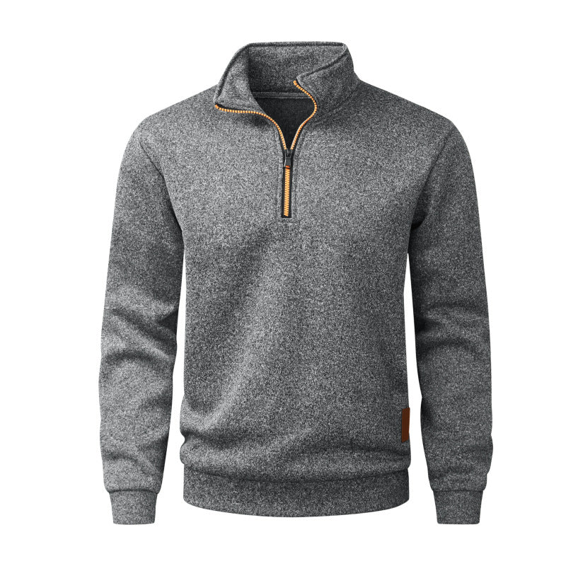 Men's Half Zip Fleece Pullover with Stand-up Collar, Melange Structure & Elastic Cuffs Chichicherry