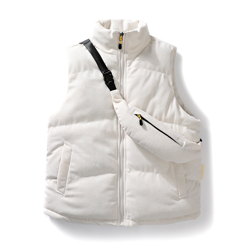 Men's Padded Fine Cord Quilted Vest with High Stand-Up Collar and Integrated Crossbody Fanny Pack Chichicherry