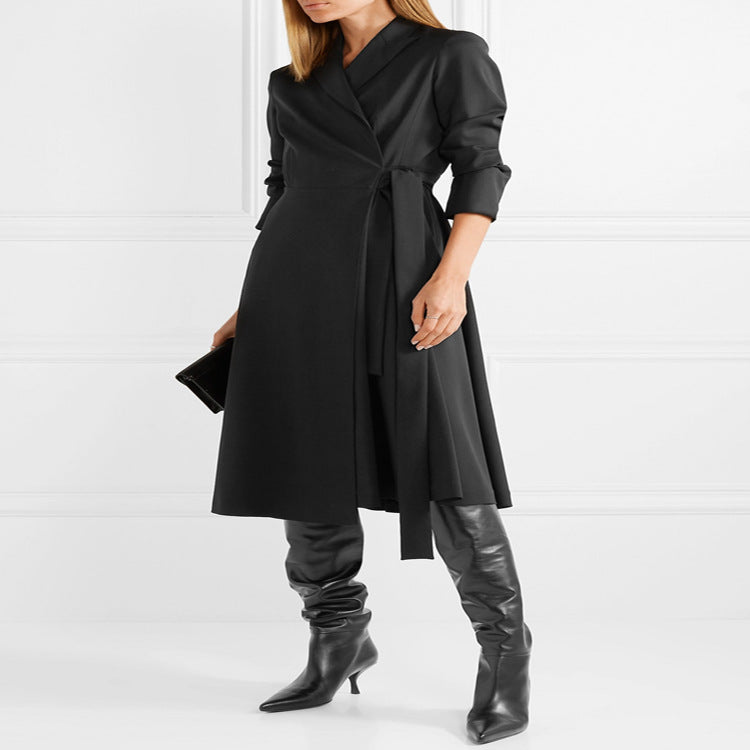 Women Wrap Midi Dress Coat in Tailoring with Shawl Collar and Tied Belt Chichicherry