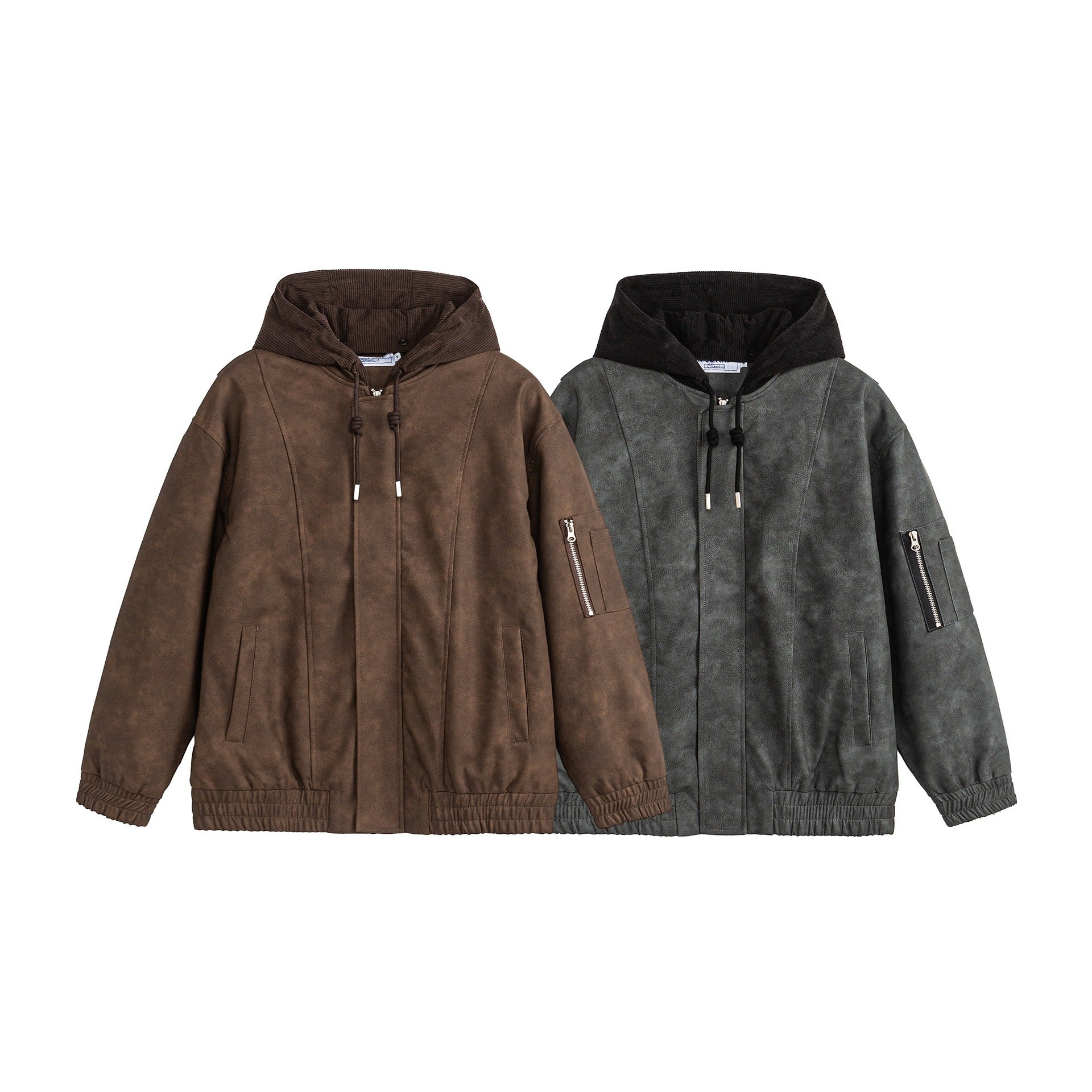 Unisex Boxy-padded Hooded Bomber Jacket with Velour Look, Cord Collar and Sleeve Zipper Chichicherry