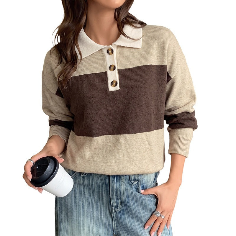 Women Striped Oversized Polo Knit Sweater with Button Placket and Ribbed Hem Chichicherry