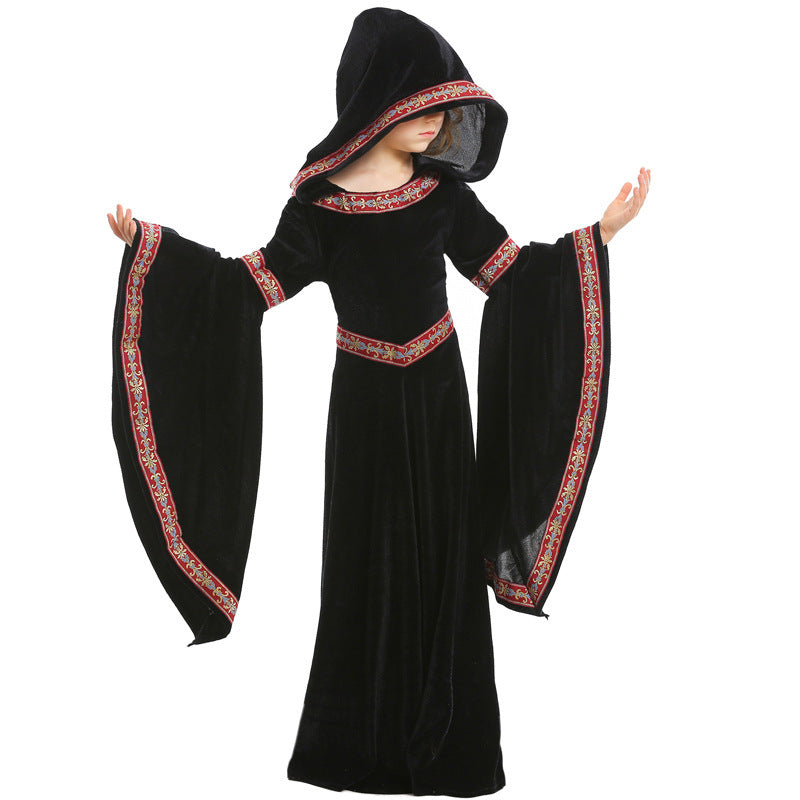Ladies Elegant Sorceress Costume with Flared Sleeves and Playful Hooded Collar Chichicherry
