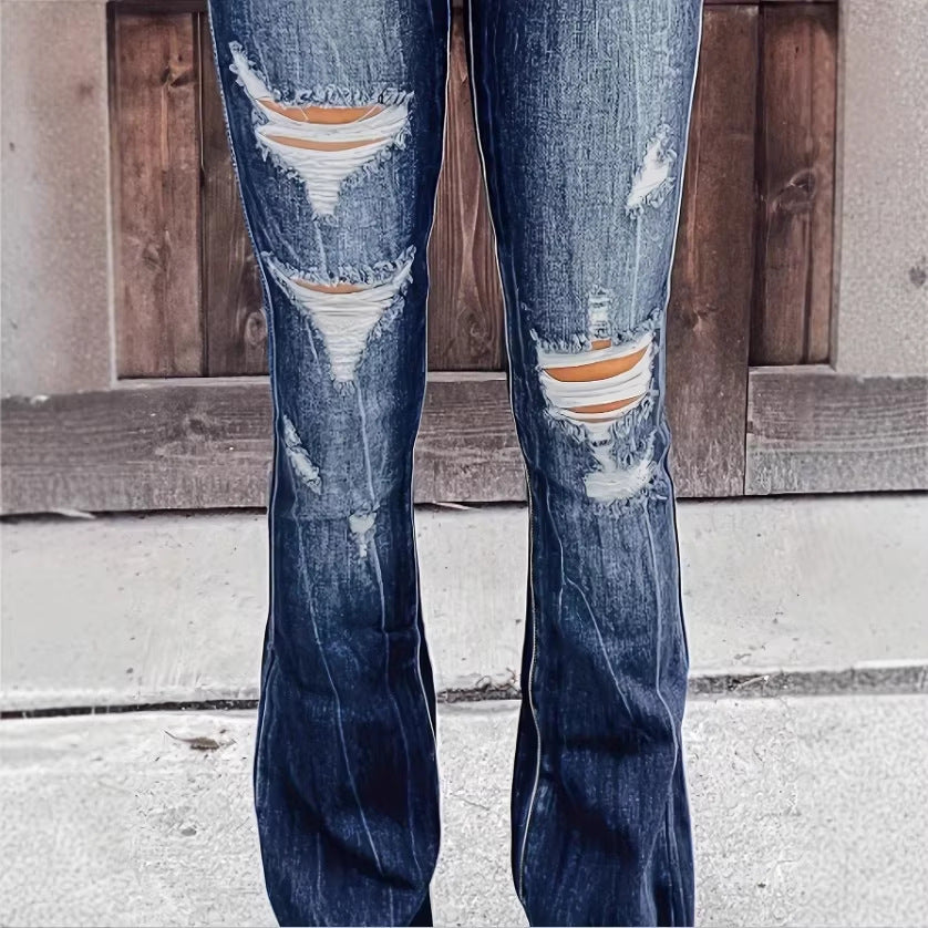 Women's High-Waisted Flared Jeans in Retro Flare with Large Rip Applications and Shaping Fit Chichicherry