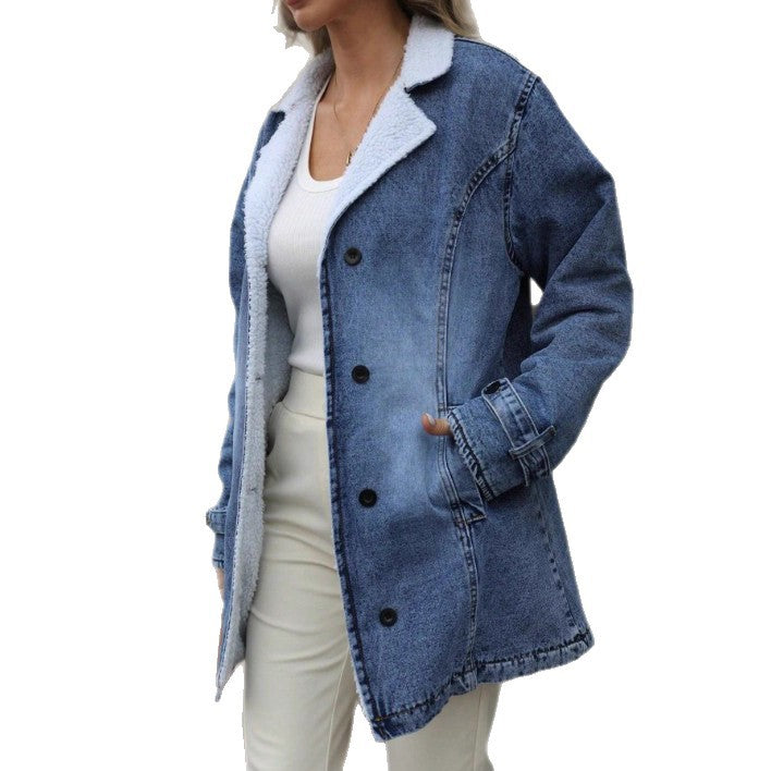 Women's Oversized Denim Jacket with Teddy Lining, Button Placket and Patch Pockets Chichicherry