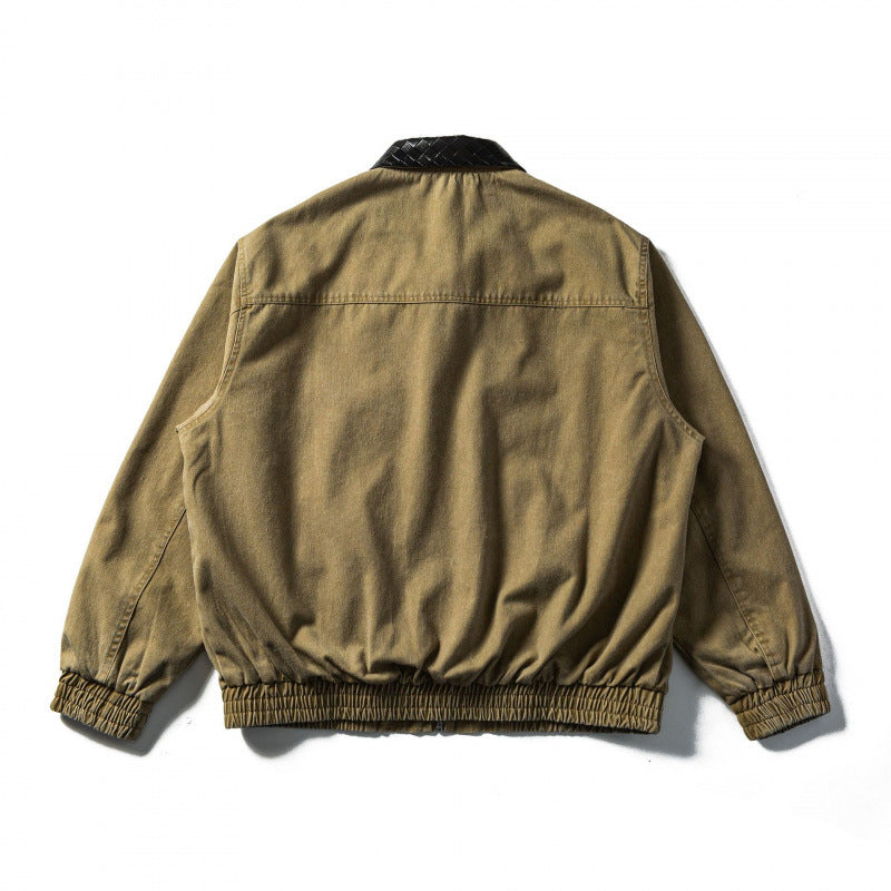 Men's Boxy Denim Blouson Jacket with Quilted Leather Collar and Elastic Cuffs Chichicherry