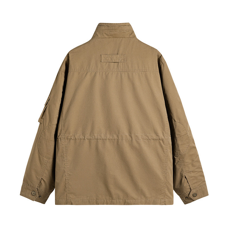 Men's Robust Utilitarian Field Jacket with Multiple Applied Pockets and Stand-Up Collar Chichicherry