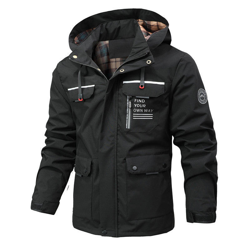 Men's functional jacket with hood, utility pockets and checkered lining Chichicherry