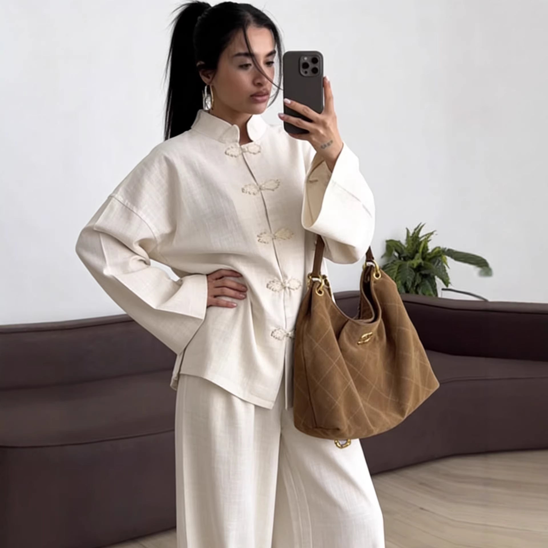 Women's Oversized Mandarin Jacket with Knot Closures and Wide Sleeves Chichicherry