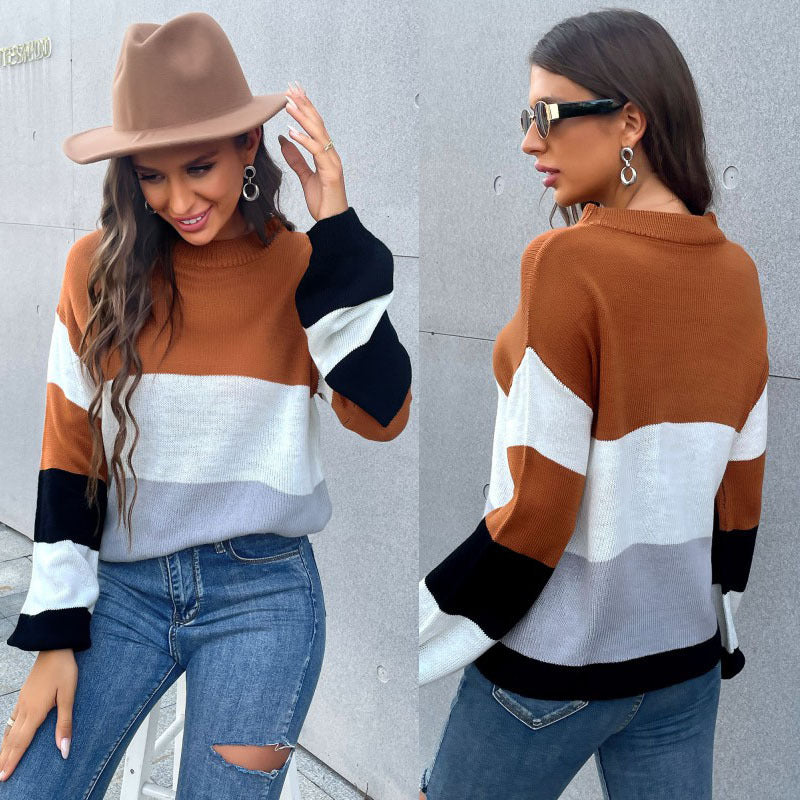 Women Color Block Fine Knit Sweater with Round Neck and Casual Fit Chichicherry