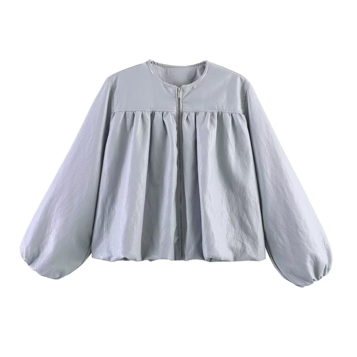 Women's short jacket made of faux leather with gathered yoke and balloon sleeves Chichicherry