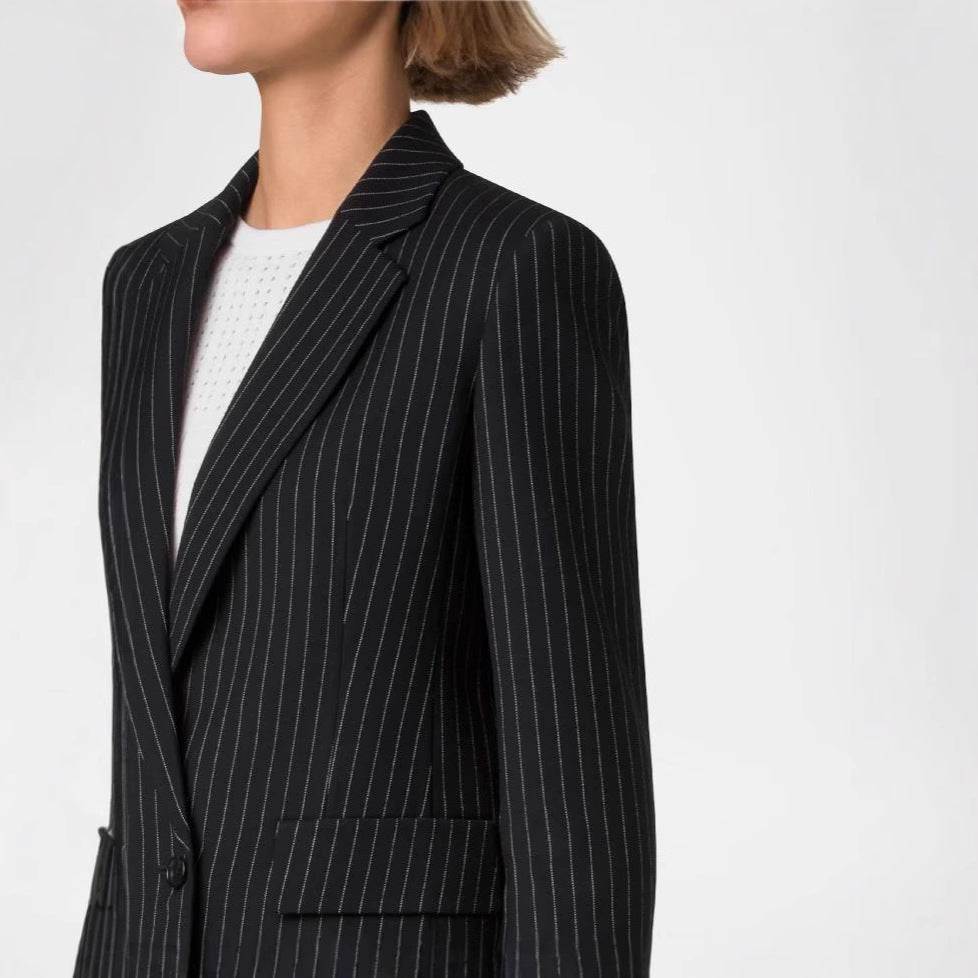 Women's Two-Piece Pinstripe Suit with Tailored Short Blazer and Wide Palazzo Pants Chichicherry