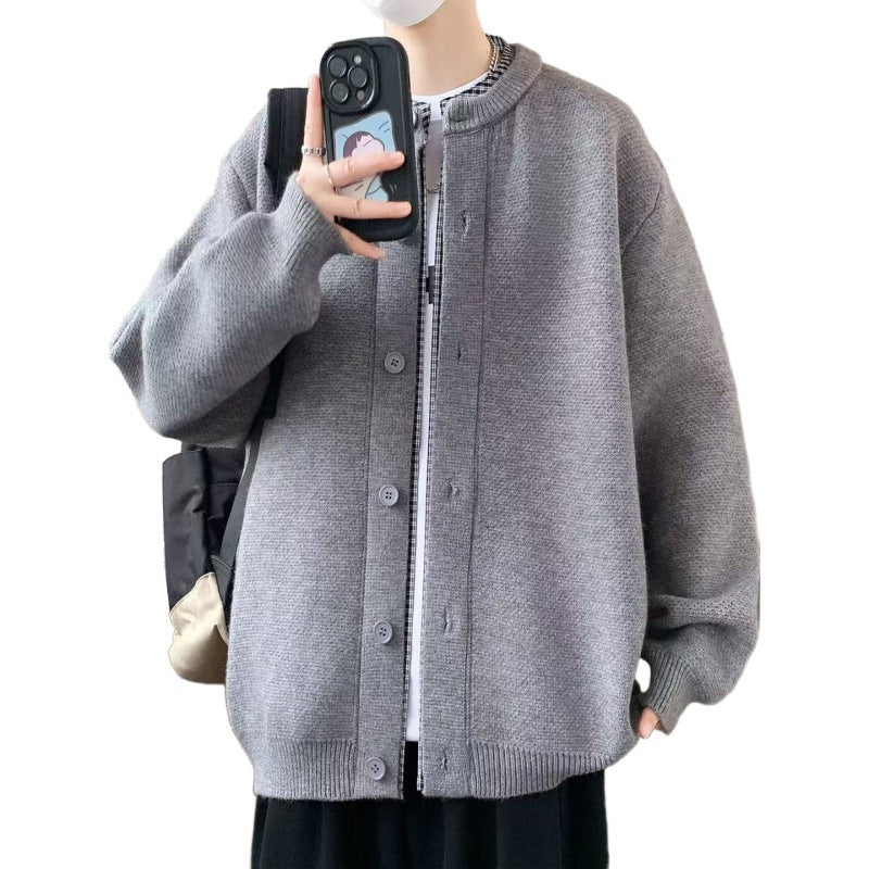 Herren Oversized Strickjacke im Bomberstil mit Rundhals und Knopfleiste Chichicherry