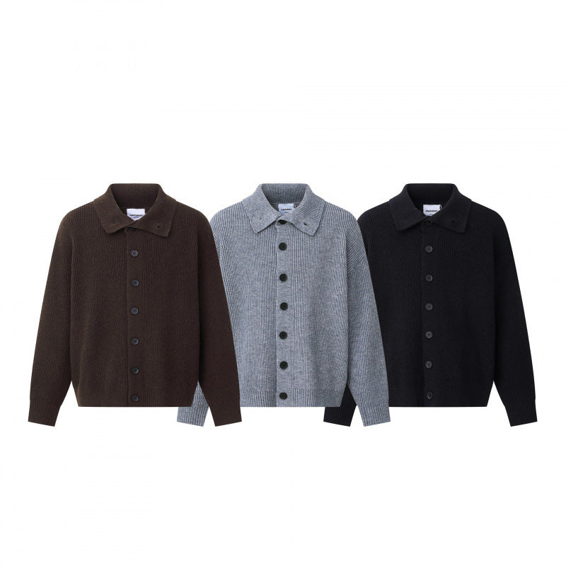 Unisex Boxy cardigan with shirt collar, ribbed texture and continuous button placket Chichicherry