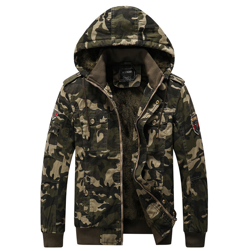 Men's Hooded Camouflage Field Jacket with Teddy Lining, Multiple Pockets and Ribbed Cuffs Chichicherry