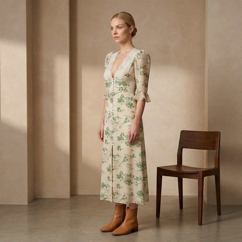 Women Floral Midi Dress with Lace V-Neck, Fitted Waist Seam and Pearl Button Placket Chichicherry