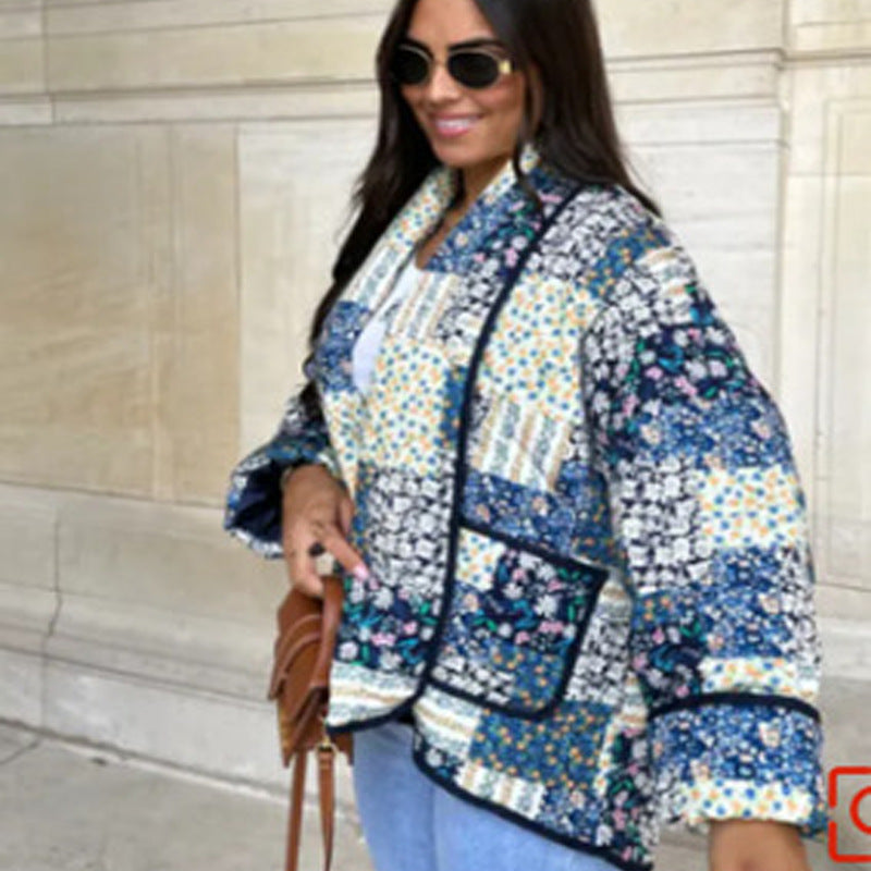 Ladies Quilted Patchwork Jacket with Contrast Piping and Patch Pockets Chichicherry