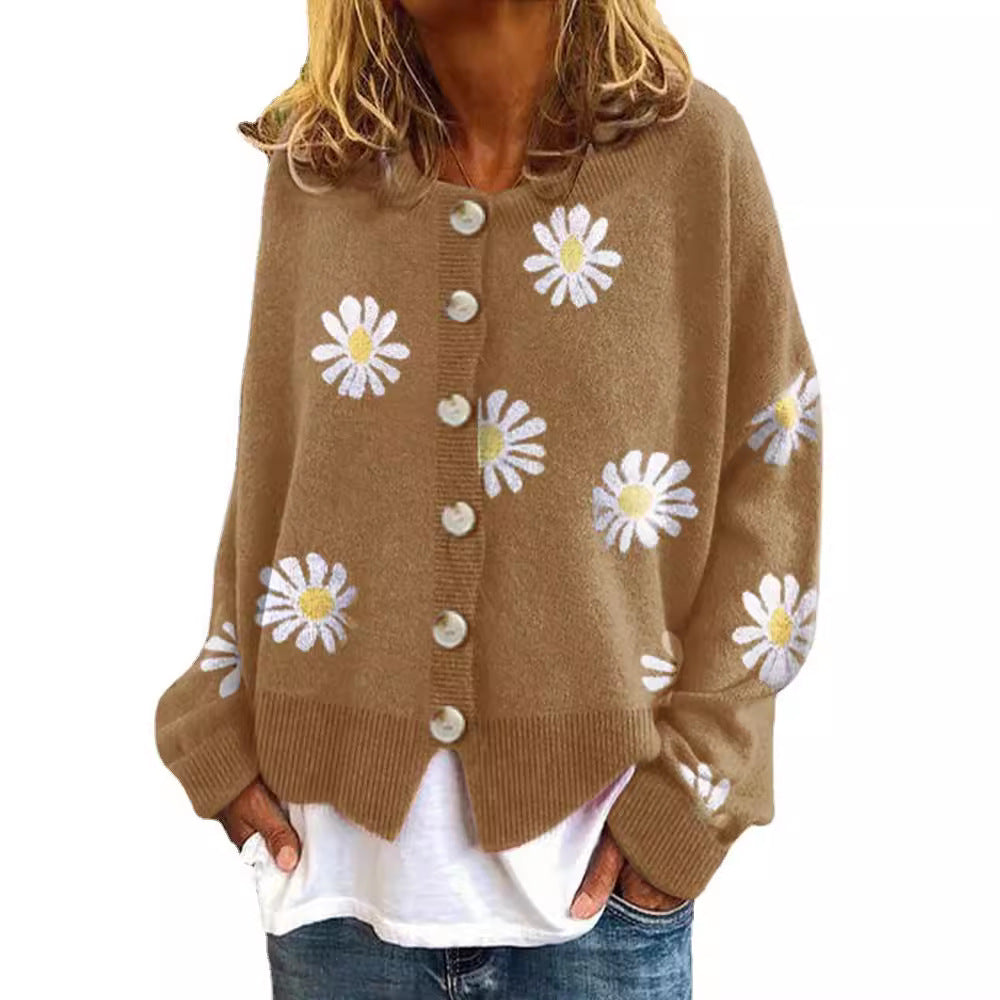 Women's Oversized Knit Cardigan with Button Placket and Daisy Print Chichicherry