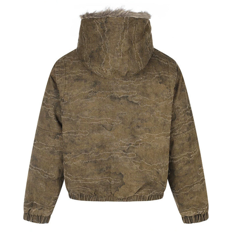 Women Padded Hooded Bomber Jacket with Faux Fur Trim, Camouflage Effect and Elastic Hem Chichicherry