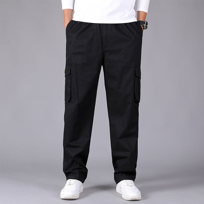 Men's loose cargo pants with elastic drawstring waistband, flap pockets & straight leg Chichicherry