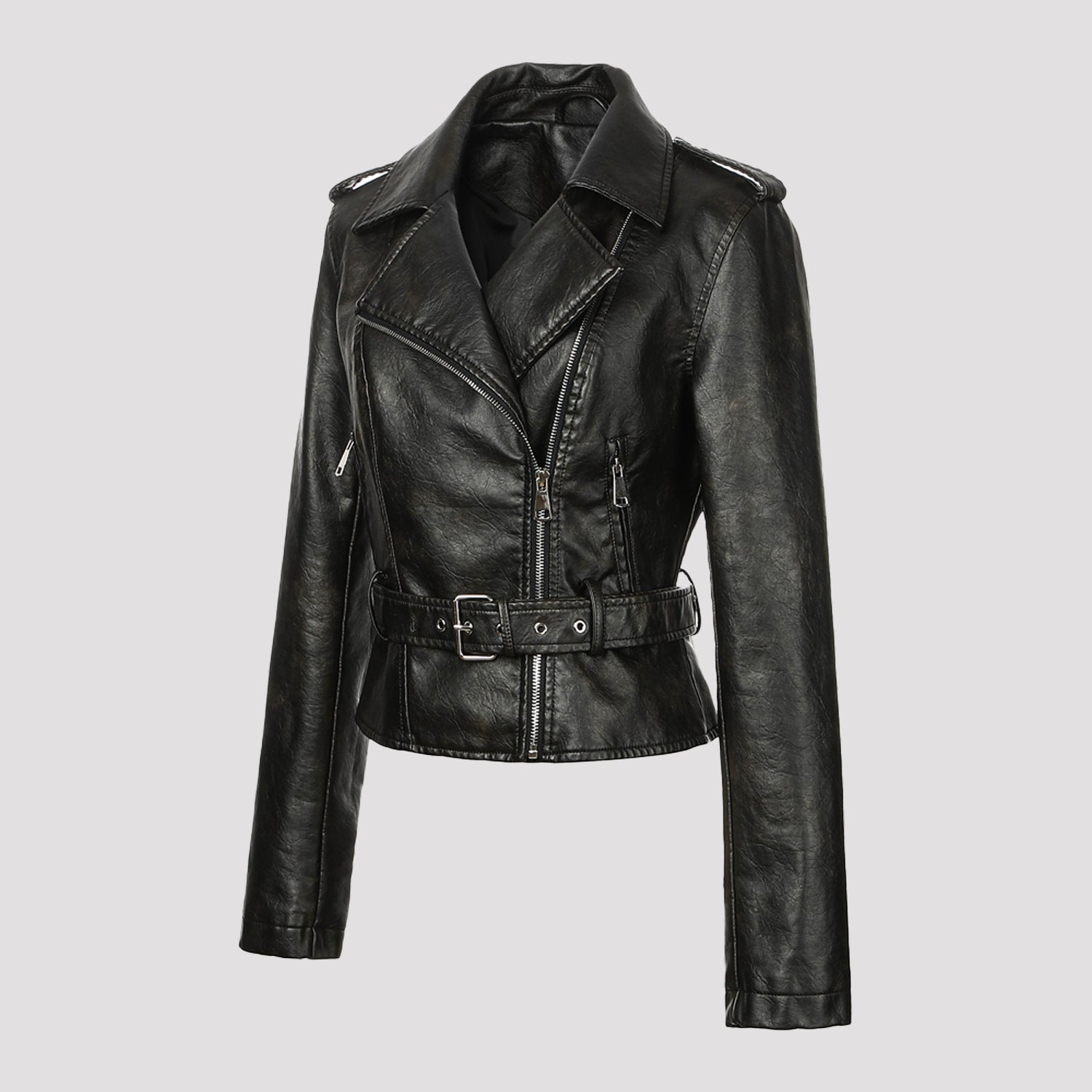 Women's short jacket in biker style made of soft faux leather with asymmetrical zipper and waist belt Chichicherry