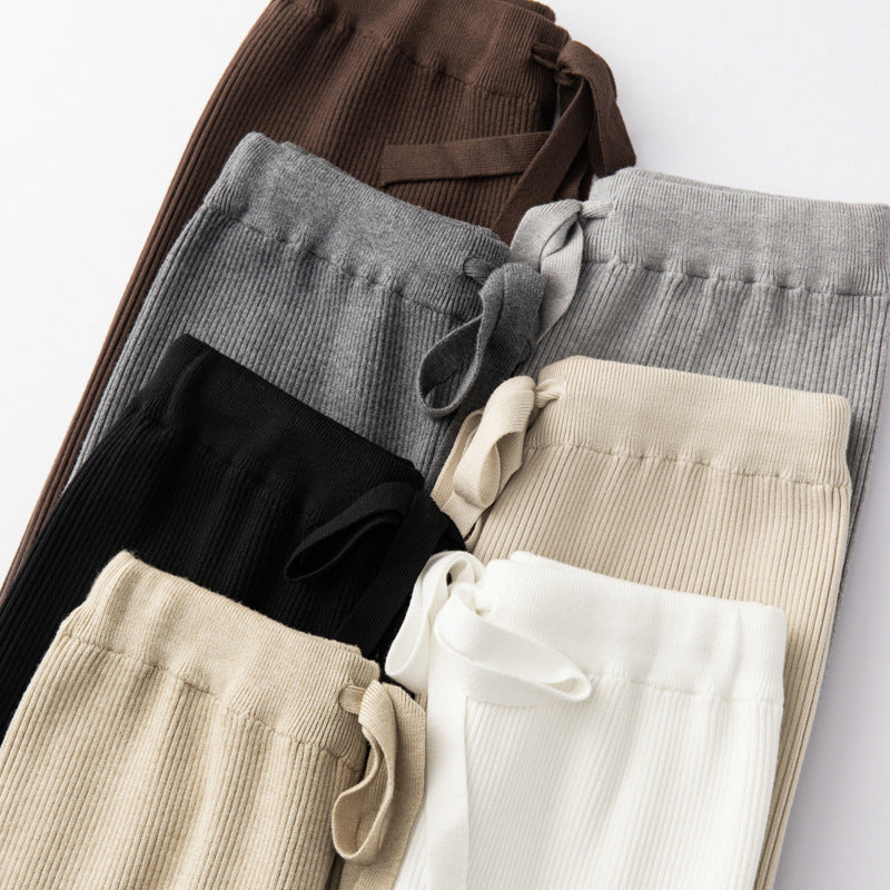 Women’s Wide Ribbed Knit Pants with Drawstring and Flowing Palazzo Silhouette Chichicherry