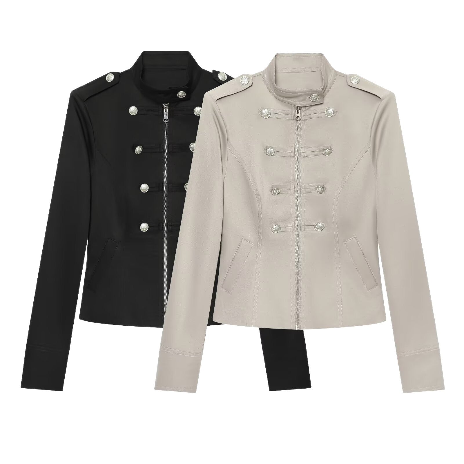 Women Military-Inspired Short Jacket with Stand-Up Collar, Decorative Button Placket and Zipper Chichicherry