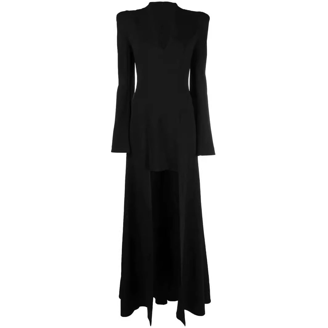 Women's maxi dress in blazer style with pronounced shoulder pads, tailored silhouette and high leg slit Chichicherry